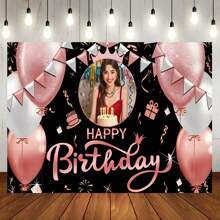 Decoración personalizada para fotografías: Globo de cumpleaños de oro rosa, telón de fondo de tela, corona de princesa de strass de oro rosa, banner de vinilo para decorar la mesa del pastel en la fiesta de cumpleaños