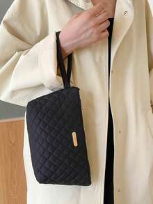 Túi đeo cổ tay chần bông cotton màu trơn thời trang cho nữ, Túi đựng mỹ phẩm du lịch ngoài trời có khóa kéo, Ví đựng tiền xu điện thoại di động dung tích lớn thanh lịch của Hàn Quốc, Túi cầm tay vuông đa năng di động để sử dụng hàng ngày - màu đen - Xem 2