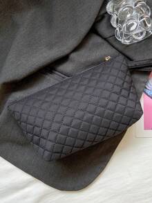 Túi đeo cổ tay chần bông cotton màu trơn thời trang cho nữ, Túi đựng mỹ phẩm du lịch ngoài trời có khóa kéo, Ví đựng tiền xu điện thoại di động dung tích lớn thanh lịch của Hàn Quốc, Túi cầm tay vuông đa năng di động để sử dụng hàng ngày - màu đen - Xem 5