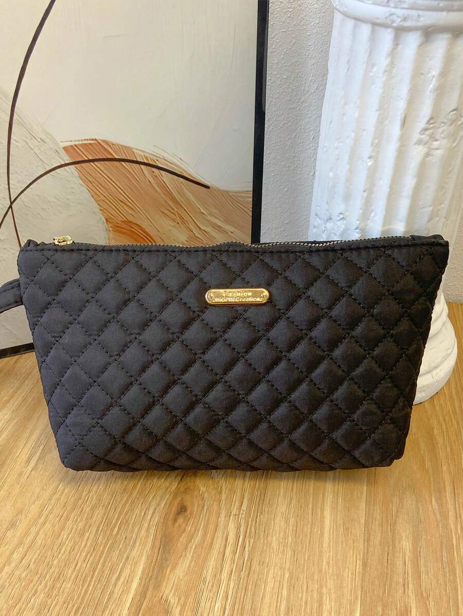 Túi đeo cổ tay chần bông cotton màu trơn thời trang cho nữ, Túi đựng mỹ phẩm du lịch ngoài trời có khóa kéo, Ví đựng tiền xu điện thoại di động dung tích lớn thanh lịch của Hàn Quốc, Túi cầm tay vuông đa năng di động để sử dụng hàng ngày - màu đen - Xem 1