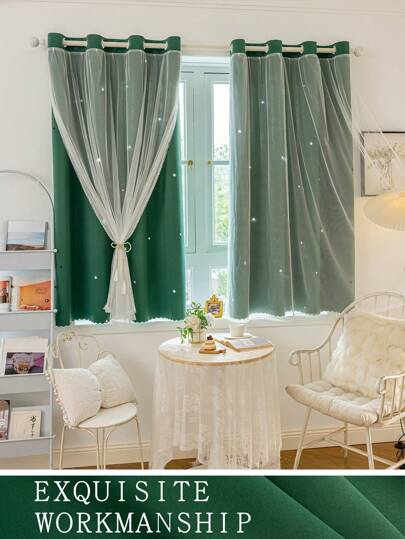 2 panneaux de rideaux occultants avec découpe en forme d'étoile, rideaux couleur unie occultants, double couche avec décoration en dentelle, conviennent pour la chambre à coucher, la chambre des filles et le salon