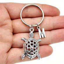 26 Letters Initial Keychain Antique Silver Color Turtle Pendant Key Chain Cute Turtle Charm Keyring Turtle Lover Jewelry Gifts - Antique Silver - View 1