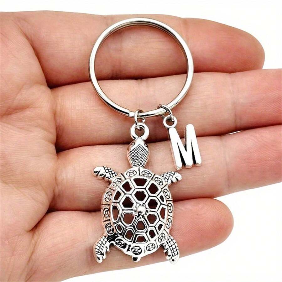 26 Letters Initial Keychain Antique Silver Color Turtle Pendant Key Chain Cute Turtle Charm Keyring Turtle Lover Jewelry Gifts - Antique Silver - View 1