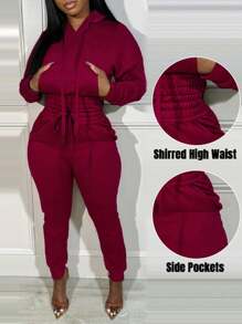 Shirred Pocket Design Crop Hoodie & High Waist Cuffed Sweatpants Set