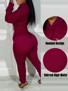 Shirred Pocket Design Crop Hoodie & High Waist Cuffed Sweatpants Set