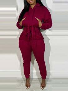 Shirred Pocket Design Crop Hoodie & High Waist Cuffed Sweatpants Set