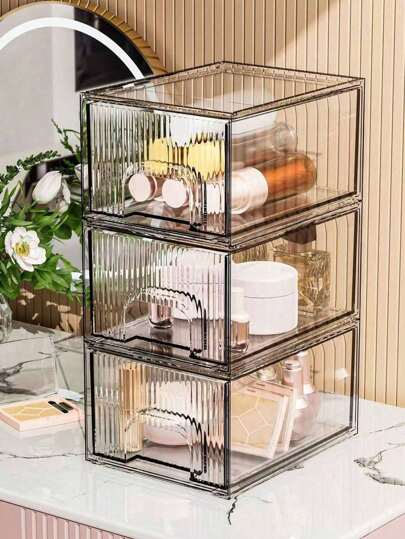 2pcs/1pc Transparent Acrylic Cosmetic Storage Box, Stackable Desktop Dustproof Storage Case, Jewelry Display Box. Clear Acrylic Desktop Drawer-Style Plastic Storage Box For Cosmetics And Jewelry Organization