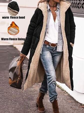 女士双面连帽中长款加厚保暖外套 黑色 冬装外套 M0023