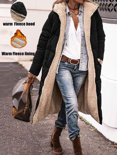 Women's Double-Sided Hooded Mid-Length Thick Warm Jacket, Black, Winter Coat M0023