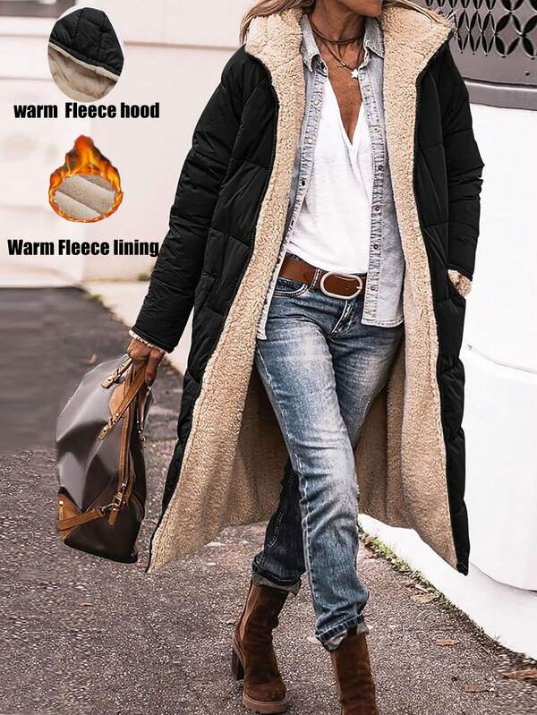 Women's Double-Sided Hooded Mid-Length Thick Warm Jacket, Black, Winter Coat M0023