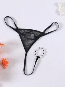 Tanga transparente y erótico de hombre con forma de O, de perlas y encaje calado de talle bajo
