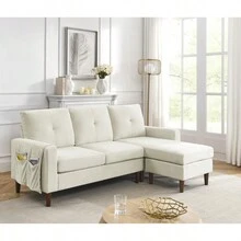 80" Convertible Sectional Sofa Couch, 3 Seats L-Shape Sofa With Removable Cushions And Pocket, Rubber Wood Legs, Beige Chenille - 米色+雪尼爾如圖 - 查看 2