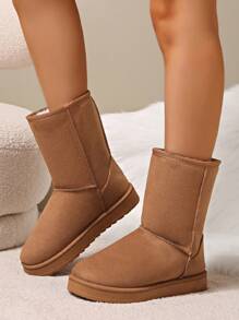 2024 New Mid-Calf Snow Boots For Women, Thermal Lined Thick Bottom Warm Slip-On Mid-Calf Boots, Brown Color,Fur Boots