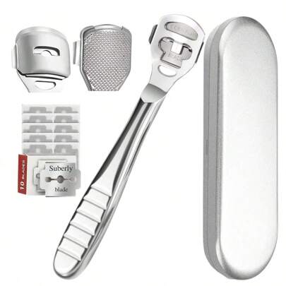 Professional Stainless Steel Foot Files For Hard Skin - Includes 10 Replacement Scrapers - Pedicure Callus Shaver Set For Foot Care