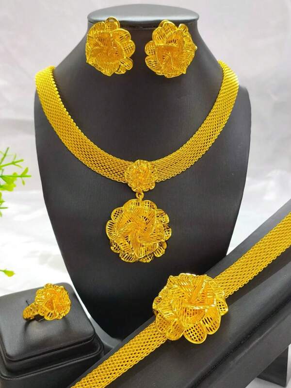 1 Set (4pcs) Women Fashion Flower Pendant Necklace, Earrings, Ring And Bracelet Jewelry Set, Suitable For Wedding, Party, Halloween, Christmas, Easter And Holiday Gift Valentines