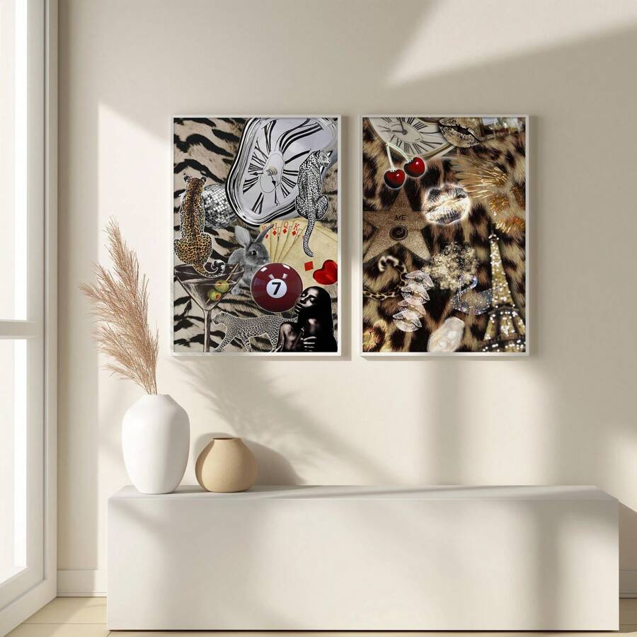 1/2 Pezzi di stampe su tela di quadri d arte murale alla moda, collage, palla fortunata 7, stampa leopardata, decorazione vintage girlish per camera da letto, soggiorno, decorazione da parete per camera stile Y2K, regalo per lei senza cornice - Multicolore - Visualizzare 1