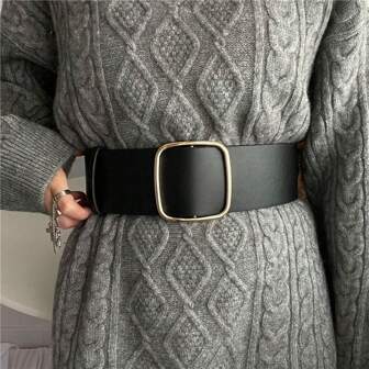 1PC Extra Wide Black PU Waist Belt For Sweater And Outfits , Large Smooth Metal Buckle Women's Belt Vintage And Stylish Summer, School Fall, Autumn, Halloween