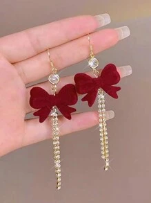 1 对中国新年红色植绒蝴蝶结耳环，时尚优雅的耳钩首饰，适合节日佩戴情人节、妈妈、母亲、母亲节、礼物 - 紅色 - 查看 1