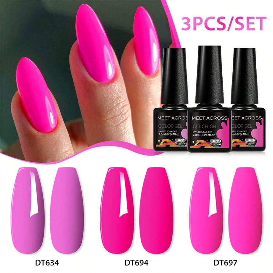MEET ACROSS Bộ 3 lọ sơn móng tay dạng gel, Bộ sơn móng tay dạng gel màu hồng nóng bỏng, Keo dán móng tay bán vĩnh viễn 7,3ml, Gel Varnish UV dạng ngâm, Thích hợp cho mọi mùa, Bộ dụng cụ làm móng, Đồ dùng làm móng, Nghệ thuật làm móng, Quà tặng tại tiệm làm móng DIY cho phụ nữ