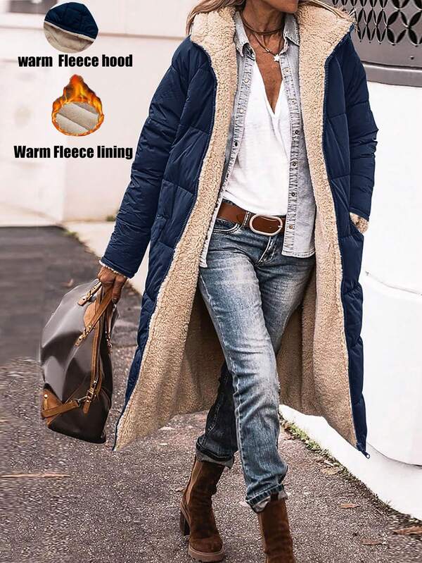 Women Reversible Hooded Mid-Length Thickened Casual Daily Jacket M0023, Autumn/Winter