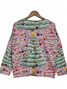 Damen Lässig Weihnachtsbaum Muster Pullover, Langarm Rundhals dünner Pullover, Weihnachts Neuheiten Herbst/Winter, Grün & Pink