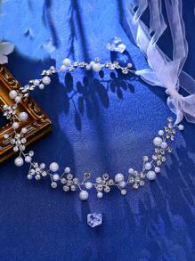 1件优雅新娘腰带，银色闪亮水钻和仿珍珠装饰，时尚女士腰链，婚礼情人节配饰