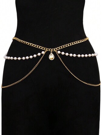 Elegant 1pc Fashionable Simple Style Gold Toned Metal Multi-Layered Waist Chain For Women, Perfect For Matching With Dresses, Faux Pearl Chain Body Chain Halloween Summer, School Fall, Autumn, Halloween