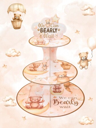 1Pc 3 Tiers Brown Bear Pattern Cupcake Cake Stand,Gender Reveal Party Supplies,Birthday Party Decorations,Cardboard Cupcake Holder Cupcake Tower,Babe Shower Gender Reveal Party Supplies,Creative DIY Cake Decor,Table Decor