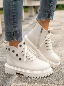 Women's Platform Lace-Up Short Boots, Warm Plush Lining, Thick Sole, Motorcycle Style, Ankle Boots For Winter