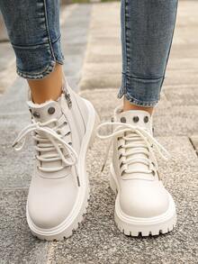 Women's Platform Lace-Up Short Boots, Warm Plush Lining, Thick Sole, Motorcycle Style, Ankle Boots For Winter