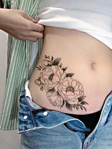 2 Sketch-Style Temporary Tattoos With Butterfly And Peony Patterns. Non-Reflective And Lifelike, Fit For Arms, Back And Spine. They Stay Vivid For 3 To 5 Days, Excellent Realistic Body Art For Daily Wearing. - Black - View 3