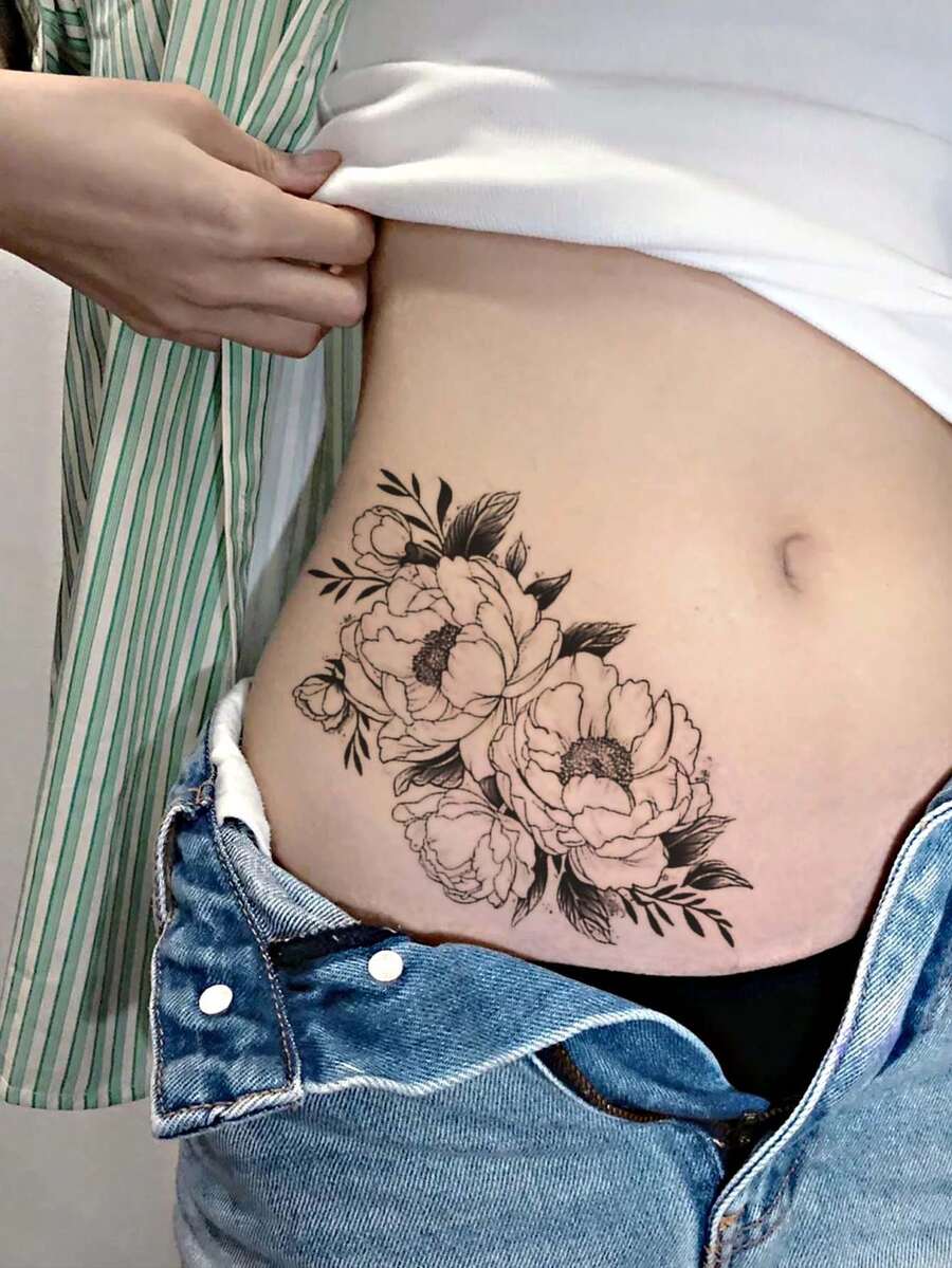 2 Sketch-Style Temporary Tattoos With Butterfly And Peony Patterns. Non-Reflective And Lifelike, Fit For Arms, Back And Spine. They Stay Vivid For 3 To 5 Days, Excellent Realistic Body Art For Daily Wearing. - Black - View 1