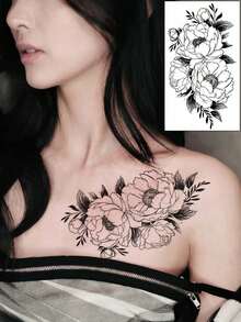 2 Sketch-Style Temporary Tattoos With Butterfly And Peony Patterns. Non-Reflective And Lifelike, Fit For Arms, Back And Spine. They Stay Vivid For 3 To 5 Days, Excellent Realistic Body Art For Daily Wearing. - Black - View 2