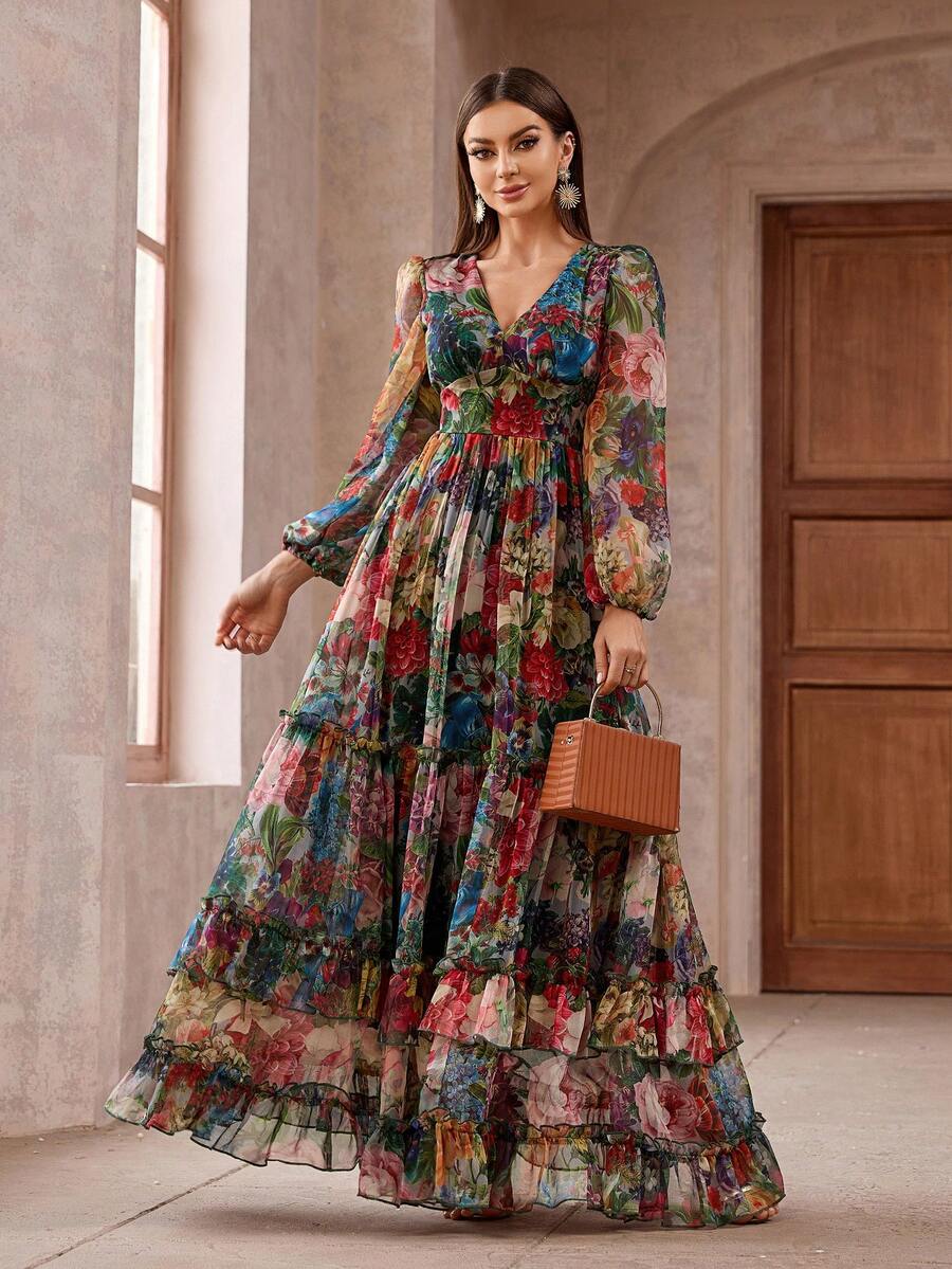 Women Vintage Floral Print Long Sleeve Frill Trim Summer Maxi Dress - Multicolor - View 1