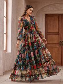 Women Vintage Floral Print Long Sleeve Frill Trim Summer Maxi Dress - Multicolor - View 6