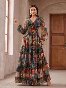 Women Vintage Floral Print Long Sleeve Frill Trim Summer Maxi Dress - Multicolor - View 5