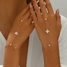 1 件女式不锈钢金色心形和三叶草白色方晶锆石装饰全指手链，18K 镀金时尚珠宝 - 金色 - 查看 7