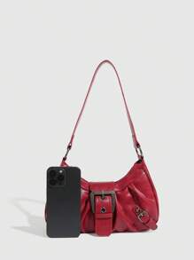 1 túi xách da PU cho nữ, túi mini cổ điển đa năng, túi hình lưỡi liềm thời trang, túi Y2K Baddie, túi đeo vai dưới cánh tay, ví màu đỏ tía Valentine - Màu Hoa hồng đỏ - Xem 4