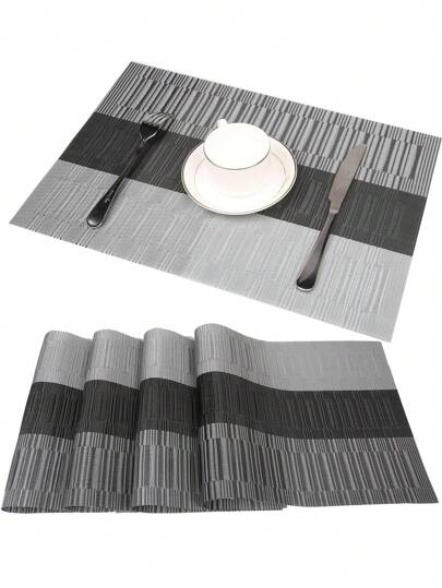 4pcs/6pcs/10pcs PVC Woven Placemat Set, 4-30x45cm (Black And Gray), Non-Slip Kitchen Table Mats, Heat Insulation Pad, Easy To Clean, Suitable For Dining Table, Hotel, Indoor & Outdoor Use All Season