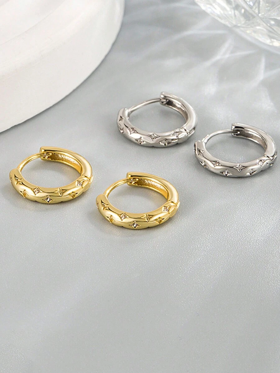 1 对简约精致水晶镶嵌四角星耳环，时尚百搭的设计 - 圓圈 - 查看 1