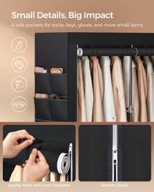 SONGMICS Clothes Wardrobe, Portable Closet, 45 X 127 X 176 Cm, 2 Hanging Rails, Shelves, And 4 Side Pockets, Large Capacity For Bedroom, Living Room, Black - Black - View 6