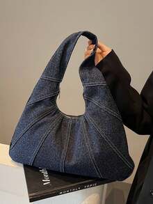 KVKY 新款女士复古豹纹新月牛仔单肩包，大容量腋下包，适合通勤休闲场合，设计简约，拉链顺滑，携带舒适，内部空间宽敞。 - 藏蓝色 - 查看 6