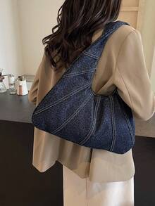 KVKY 新款女士复古豹纹新月牛仔单肩包，大容量腋下包，适合通勤休闲场合，设计简约，拉链顺滑，携带舒适，内部空间宽敞。 - 藏蓝色 - 查看 4