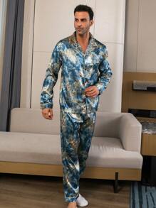 Men's Two Pieces Sets Satin Leaf Print Pocket Lapel Long Sleeved Top And Pants Pajama Set Suitable For All Seasons, Fall Clothes