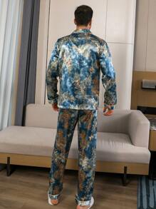 Men's Two Pieces Sets Satin Leaf Print Pocket Lapel Long Sleeved Top And Pants Pajama Set Suitable For All Seasons, Fall Clothes