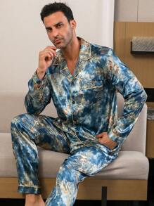 Men's Two Pieces Sets Satin Leaf Print Pocket Lapel Long Sleeved Top And Pants Pajama Set Suitable For All Seasons, Fall Clothes