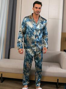 Men's Two Pieces Sets Satin Leaf Print Pocket Lapel Long Sleeved Top And Pants Pajama Set Suitable For All Seasons, Fall Clothes
