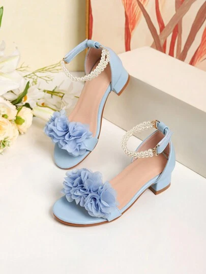 1 Pair Fashion Roman High Heel Pearl Decor Sandal Shoes, Girls High Heel Dance Shoes, Students Performance & Daily Wear Sandals, Wedding Shoes
