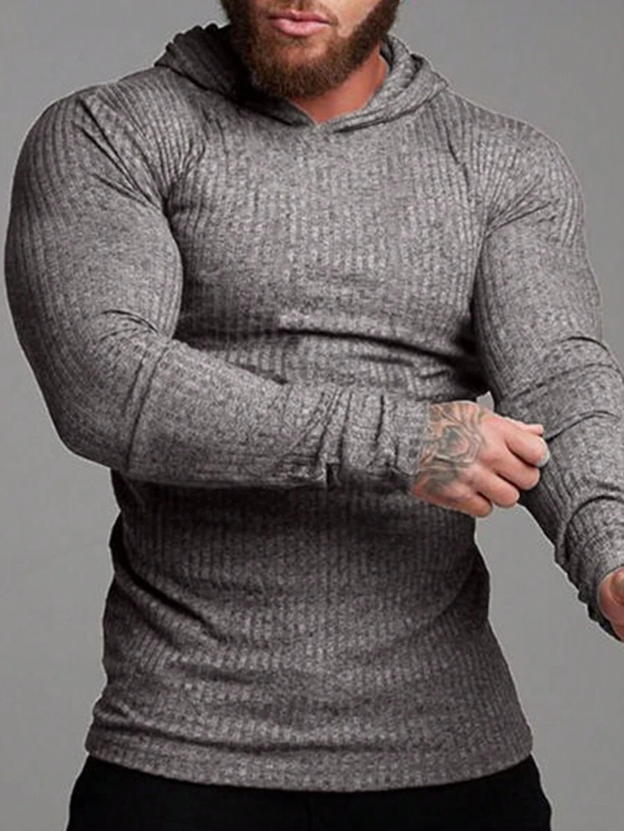 Men's Casual Ribbed Hooded Long Sleeve Sweatshirt - Grey - View 1