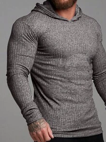 Men's Casual Ribbed Hooded Long Sleeve Sweatshirt - Grey - View 2